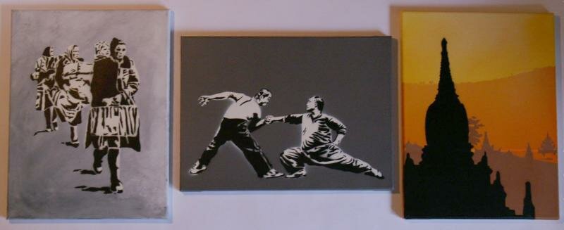 Stencilled canvases by Nicholas Ganz.